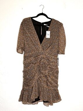ASTR Brown Floral Ruched V-Neck Mini Dress